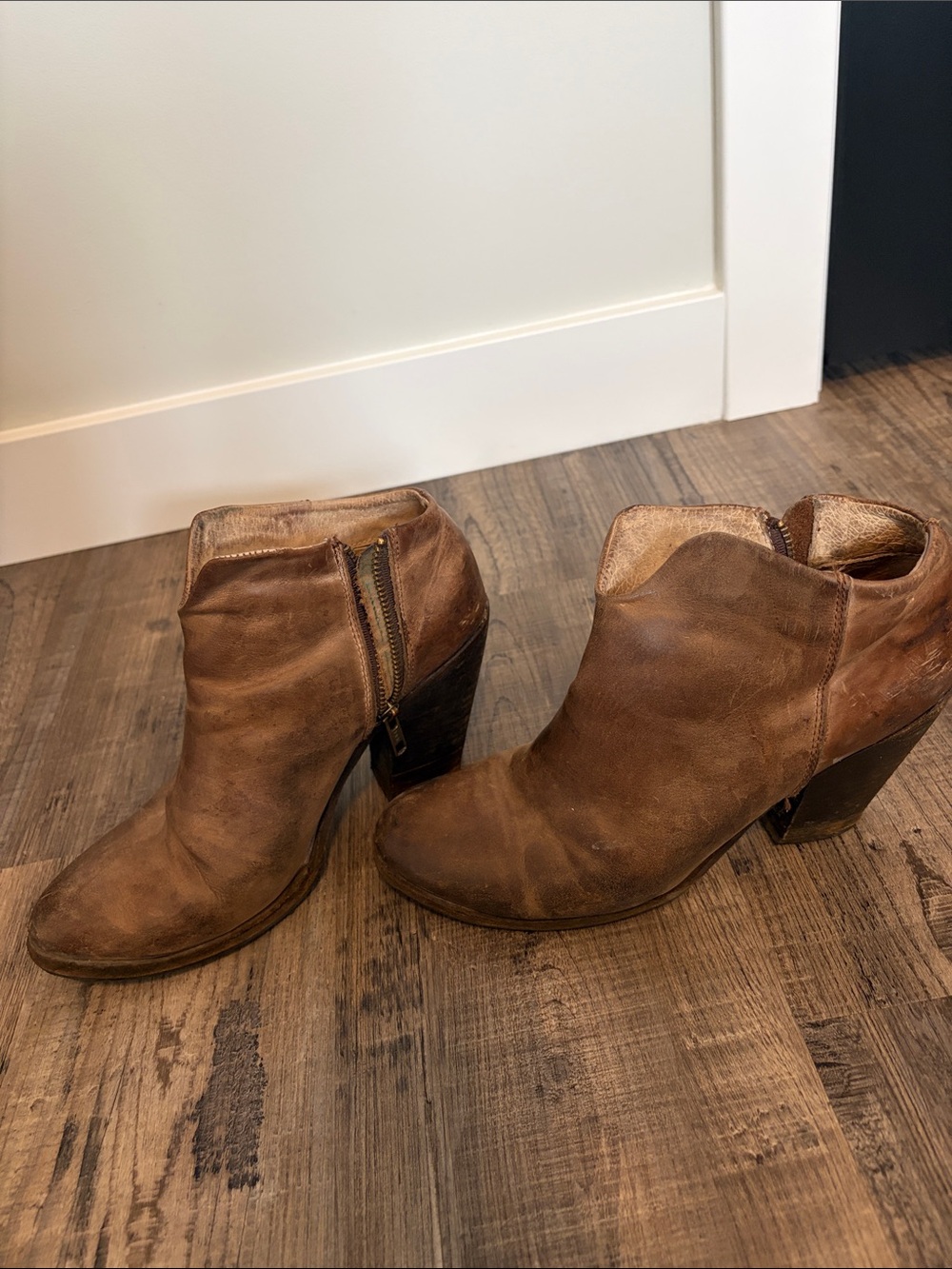 Distressed Brown Leather Ankle Booties with Side Zip - soles redone